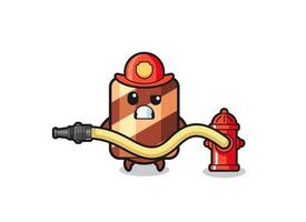 desenho de rolo de wafer como mascote de bombeiro com mangueira de água vetor