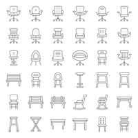 Fezes, cadeira, sofá e banco, conjunto de ícones de contorno