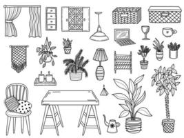 Imagens criativas de doodle de cadeira e mesa com várias plantas em vasos e diferentes decorações para casa vetor