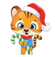 Filhote de tigre fofo com chapéu de Papai Noel segurando um grande bastão de doces vetor