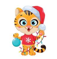 tigre fofo personagem de desenho animado com chapéu de Papai Noel vetor