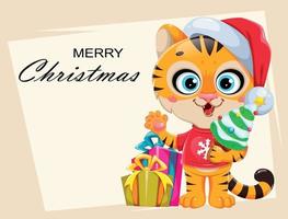 tigre fofo personagem de desenho animado com chapéu de Papai Noel vetor