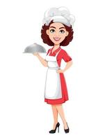 chef mulher segurando cloche de restaurante vetor