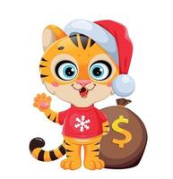 personagem de desenho animado bonito tigre no papai noel vetor