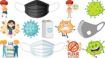 personagem de desenho animado e objetos isolados de vacinação contra coronavírus vetor