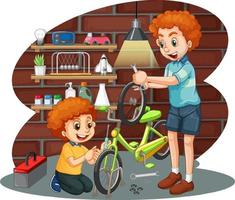 pai e filho consertando uma bicicleta juntos vetor