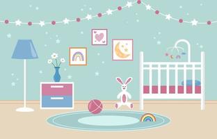 interior do quarto do bebê. enfermaria. berço de bebê branco vazio com carrossel para criança. decorações na parede e brinquedos no chão. ilustração plana do vetor