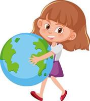 garota feliz e fofa segurando um globo terrestre vetor