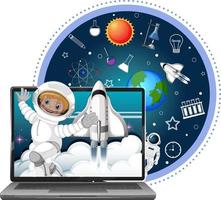 laptop com astronauta e ícones do espaço vetor