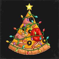 árvore de natal pizza deliciosa fatia de pizza cercada por luzes de árvore de natal vetor