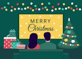 família está comemorando o feriado de Natal em casa e assistir tv. pares sentam-se no sofá juntos em uma casa decorada. atmosfera aconchegante de natal. ilustração plana do vetor