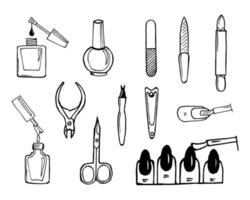 ilustração, conjunto de itens para manicure e pedicure, desenho de contorno em um fundo branco