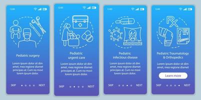 modelo de vetor de tela de página de aplicativo móvel de integração de serviços de pediatria. cirurgia, atendimento de urgência, traumatologia. passo a passo do site com ilustrações lineares. conceito de interface de smartphone ux, ui, gui