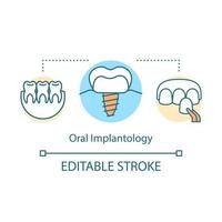 ícone do conceito de implantologia oral. implante dentário. restauração de dentes perdidos. ilustração de linha fina de ideia de serviços estomatológicos. desenho de contorno isolado do vetor. curso editável vetor