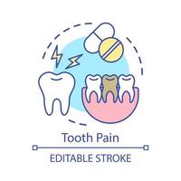 ícone do conceito de dor de dente. dente dói, analgésicos, fragmento de mandíbula. tomando analgésicos. ilustração de linha fina de ideia de dor de dente e comprimidos. desenho de contorno isolado do vetor. curso editável vetor