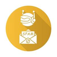 ícone de glifo de sombra longa spambot design plano. anúncios de vírus, links. bot de spam. sites de phishing maliciosos. envio de software de publicidade de spam. spammer de internet. ilustração da silhueta do vetor