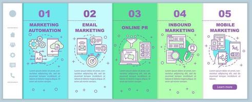 modelo de vetor de táticas de marketing digital integração de páginas da web para celular. ideia de interface de site de smartphone responsivo com ilustrações lineares. telas de passo a passo da página da web. conceito de cor