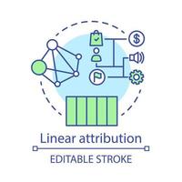 ícone do conceito de atribuição linear. ilustração de linha fina da ideia do modelo de atribuição multitoque. tipo de modelagem de atribuição. análise de campanhas de marketing. desenho de contorno isolado do vetor. curso editável vetor