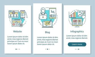 canais para tela de página de aplicativo móvel seo onboarding com conceitos lineares. marketing. infográficos de negócios, instruções gráficas de passo a passo do blog. modelo de vetor ux, ui, gui com ilustrações