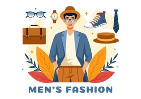 masculino moda mostrar ilustração apresentando masculino modelos exibindo roupas em a pista dentro moderno na moda roupas dentro uma plano desenho animado fundo vetor