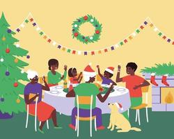 família afro-americana com cachorro comemora o dia de ação de graças na mesa do feriado