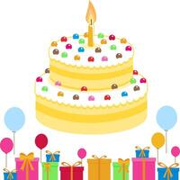 aniversário bolo, balões e caixas com apresenta. aniversário festa celebração bolo e presentes. vetor