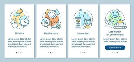 vantagens da tecnologia de integração da tela da página do aplicativo móvel com conceitos lineares. mobilidade, custos, convenientes, instruções gráficas de passos a passo de ecologia. modelo de vetor ux, ui, gui com ícones