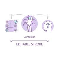 ícone do conceito de sentimento de confusão. ilustração de linha fina de ideia de constrangimento. pessoa insegura. falta de confiança. busca de soluções. escolha difícil. desenho de contorno isolado do vetor. curso editável vetor