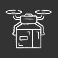 ícone de giz do drone de entrega. pacote de transporte de quadcopter. uav com caixa de papelão. entrega autônoma de drones. veículo aéreo não tripulado e pacote. serviço de entrega. ilustração isolada do quadro-negro vetor