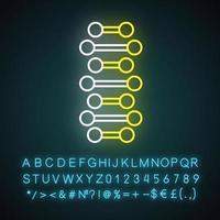 ícone de luz de néon de correntes espirais de DNA. pontos conectados, linhas. desoxirribonucléico, hélice de ácido nucléico. biologia molecular. sinal brilhante com alfabeto, números e símbolos. ilustração isolada do vetor