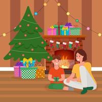 mãe feliz e a filha dela sentada ao lado da árvore de Natal. interior aconchegante de natal. apresenta sob a árvore. vetor
