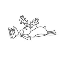 doodle lendo veado, ilustração em vetor contorno bonito, desenho de mão animal e livro aberto