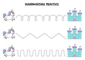 traçando linhas com lindo castelo e unicórnio. prática da escrita. vetor
