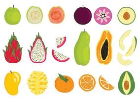 coleção de frutas tropicais exóticas, inteiras e cortadas. maçã estrela, goiaba, abacate, fruta do dragão, manga, mamão, laranja. estilo plano vetor