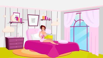 mulher alimentando o bebê da mama em ilustração vetorial plana de casa. bela jovem mãe amamentando na cama. maternidade e puericultura. garota amamentando recém-nascido em um quarto aconchegante personagem de desenho animado vetor