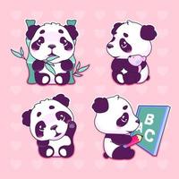 conjunto de personagens de desenhos animados de panda kawaii bonito. adorável, feliz e engraçado animal comendo bambu, acenando o adesivo de mão isolada, pacote de patches. Emoji de urso panda bebê anime em fundo rosa vetor
