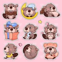 bonito castor kawaii cartoon vector conjunto de caracteres. adorável, feliz e engraçado mascote animal adesivos isolados, pacote de patches, emblemas de crianças. Emoji de castor de menina de anime, emoticon em fundo rosa