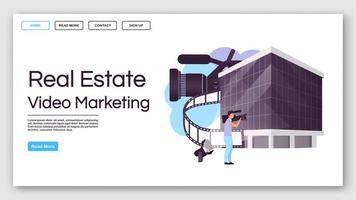 modelo de vetor de página de destino de marketing de vídeo imobiliário. ideia de interface de site de anúncio de casa com ilustrações planas. construção de layout de página inicial comercial. banner da web, conceito de desenho de página da web