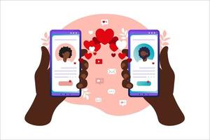 redes sociais, bate-papo, aplicativo de namoro. ilustração vetorial para usuários de aplicativos de namoro online. ilustração plana homem africano e conhecido da mulher na rede social. vetor