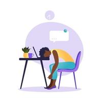 síndrome de burnout profissional. ilustração com trabalhador de escritório cansado mulher afro-americana ou freelancer sentado à mesa. trabalhador frustrado, problemas de saúde mental. ilustração do vetor no apartamento.
