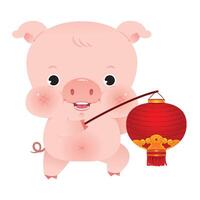 pequeno porco personagem Projeto com festivo tradicional chinês vermelho lanterna. vetor