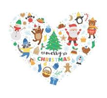 vetor moldura em forma de coração com elementos de Natal. clipart tradicional da festa do ano ney. design engraçado para banners, cartazes, convites. modelo de cartão de férias de inverno bonito com o conceito de amor.