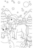 unicórnio de fadas mágico e boneco de neve com presentes. cavalo fofo. página do livro para colorir para crianças. personagem de estilo de desenho animado. ilustração vetorial isolada no fundo branco. vetor