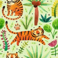 tigres na floresta tropical grandes gatos selvagens e plantas tropicais símbolo do zodíaco do ano aquarela mão desenhada sem costura padrão textura fundo design de embalagem vetor
