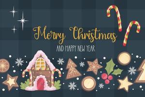 projeto da bandeira de Natal com texto feliz Natal, casa de pão de gengibre. biscoito de gengibre, cacau com marshmallow e pirulito para a decoração do feriado. ilustração vetorial. vetor