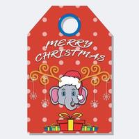 feliz Natal feliz ano novo mão desenhada etiqueta etiqueta com design de personagens de cabeça de elefante fofo. vetor