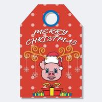 feliz Natal feliz ano novo mão desenhada rótulo tag com design de personagens de cabeça de porco fofo. vetor