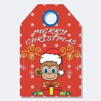 feliz Natal feliz ano novo mão desenhada etiqueta etiqueta com design de personagens de cabeça de macaco bonito. vetor