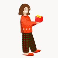uma garota de chinelos e pijama recebe um presente. vetor