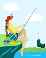 garota pescando na margem do lago e pegou uma bota vetor